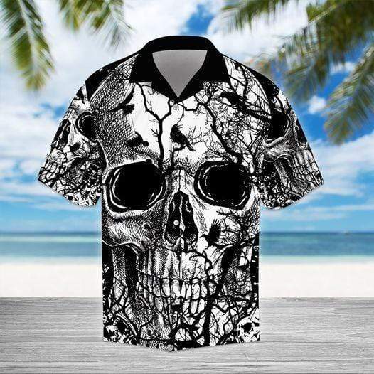 Black And White Skull With Bird Hawaiian Shirt