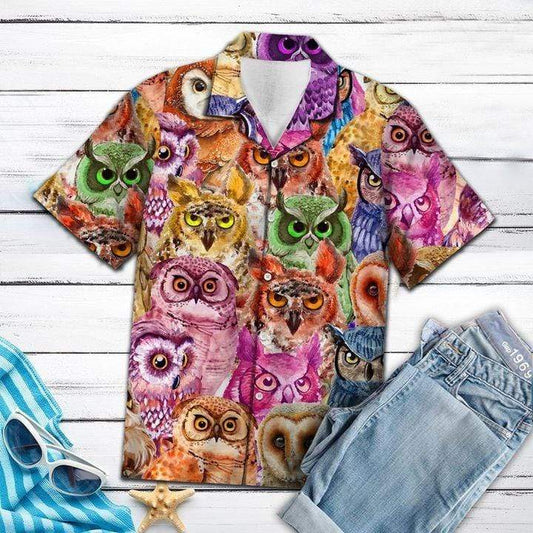 Colorful Owl Art Hawaiian Aloha Shirts #H