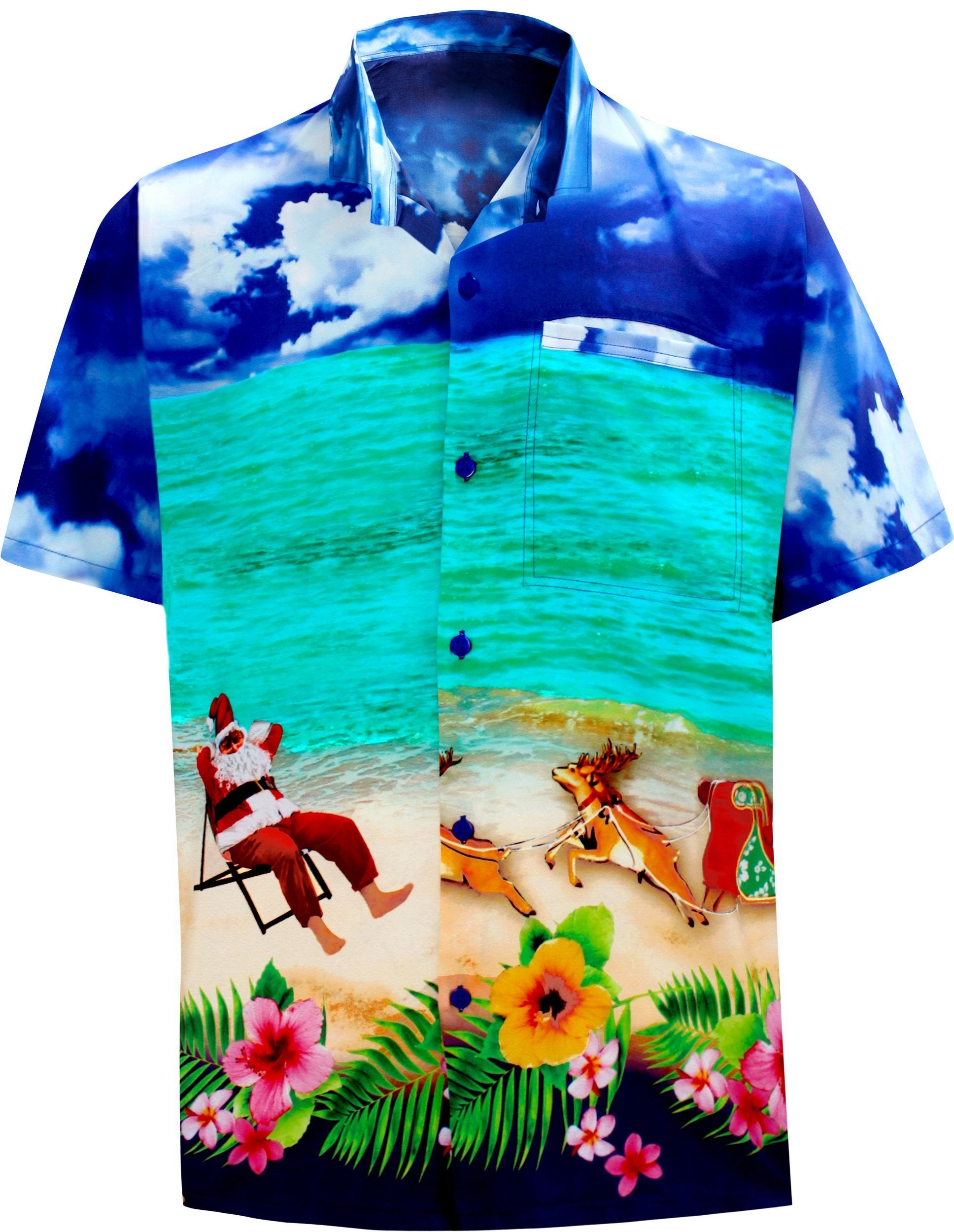 LA LEELA Men's Casual Beach hawaiian Shirt Aloha Christmas Santa Printed front Pocket Short sleeve Blue_W588