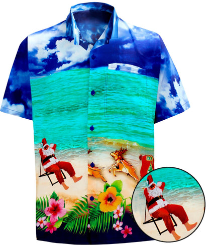 LA LEELA Men's Casual Beach hawaiian Shirt Aloha Christmas Santa Printed front Pocket Short sleeve Blue_W588