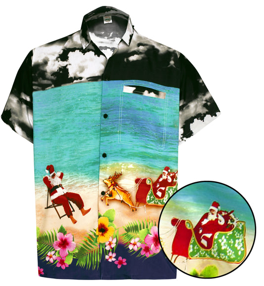 LA LEELA Men's Casual Beach hawaiian Shirt Aloha Christmas Santa front Pocket Short sleeve Black_W585