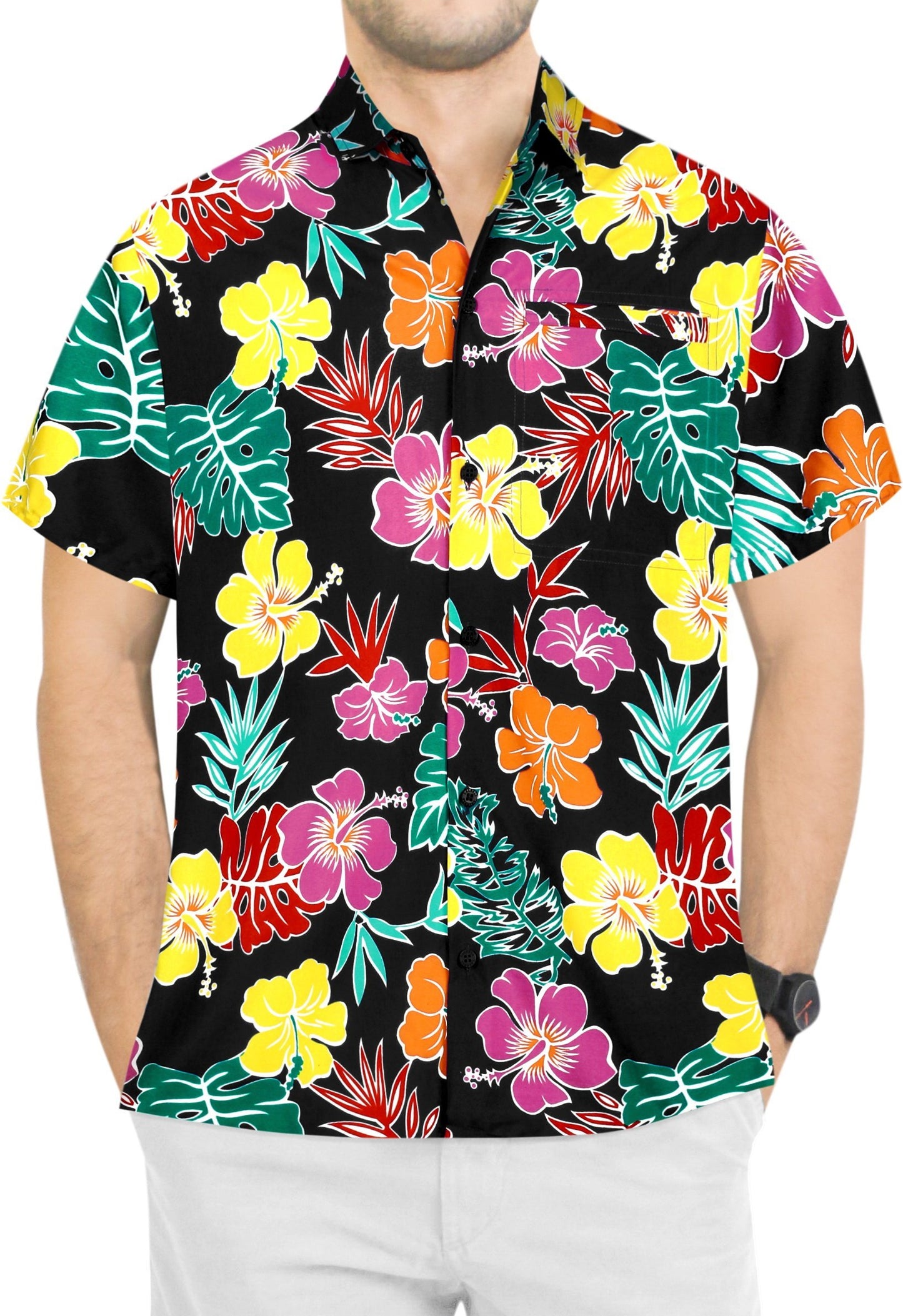 LA LEELA Shirt Casual Button Down Short Sleeve Beach Shirt Men Aloha Pocket shirt Halloween Black_AA181