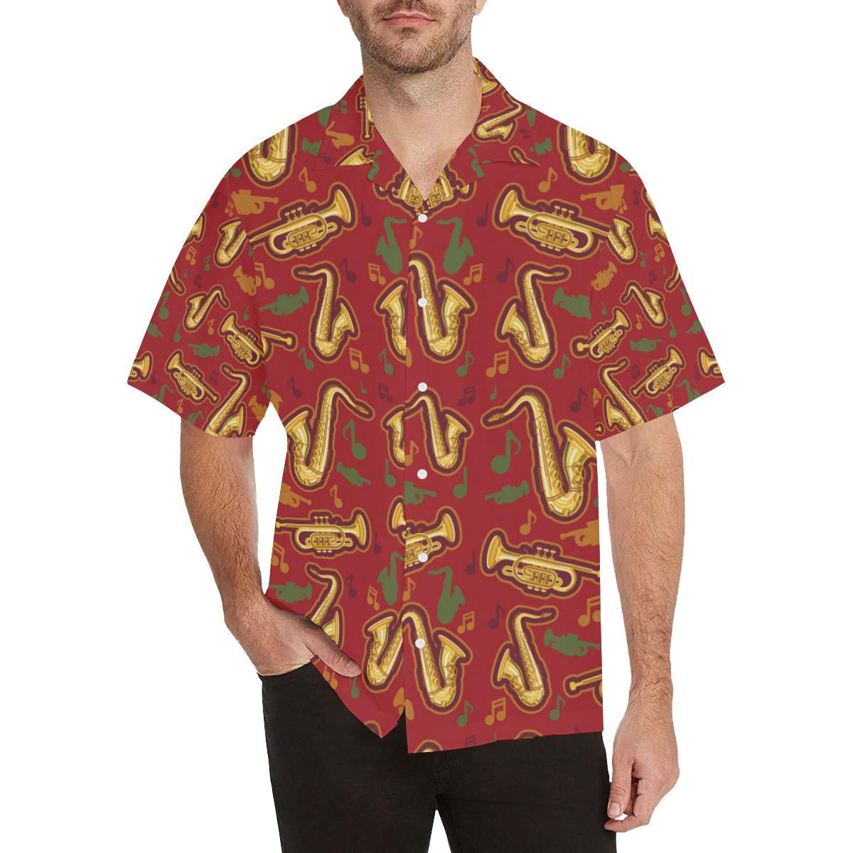 Saxophone Cornet Pattern Red Background Mens All Over Print Hawaiian Shirt