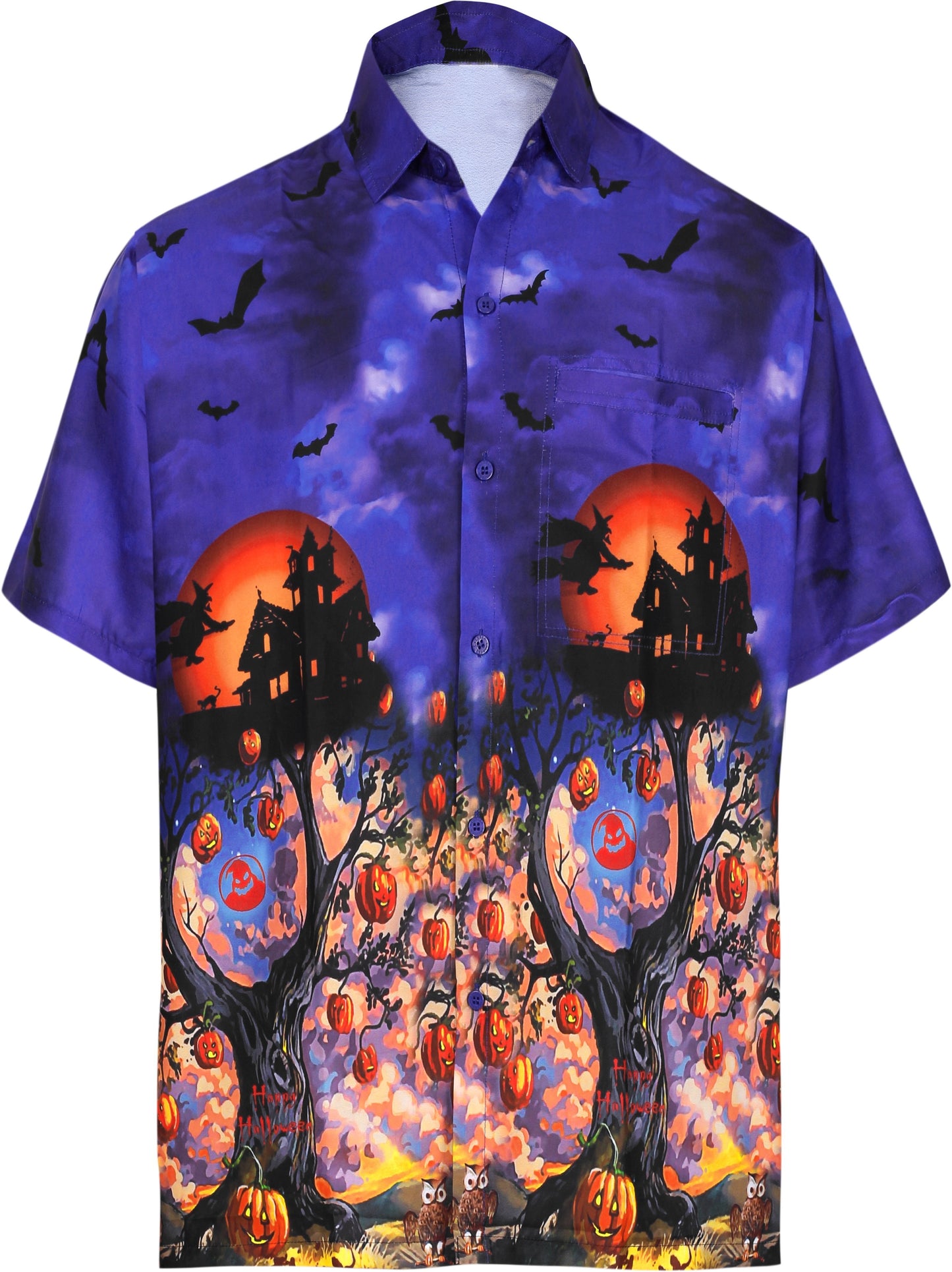 LA LEELA Men's Camp Hawaiian Scary Halloween Party Costume Pumpkin Witch Shirt Royal Blue_AA238