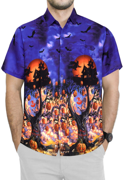 LA LEELA Men's Camp Hawaiian Scary Halloween Party Costume Pumpkin Witch Shirt Royal Blue_AA238