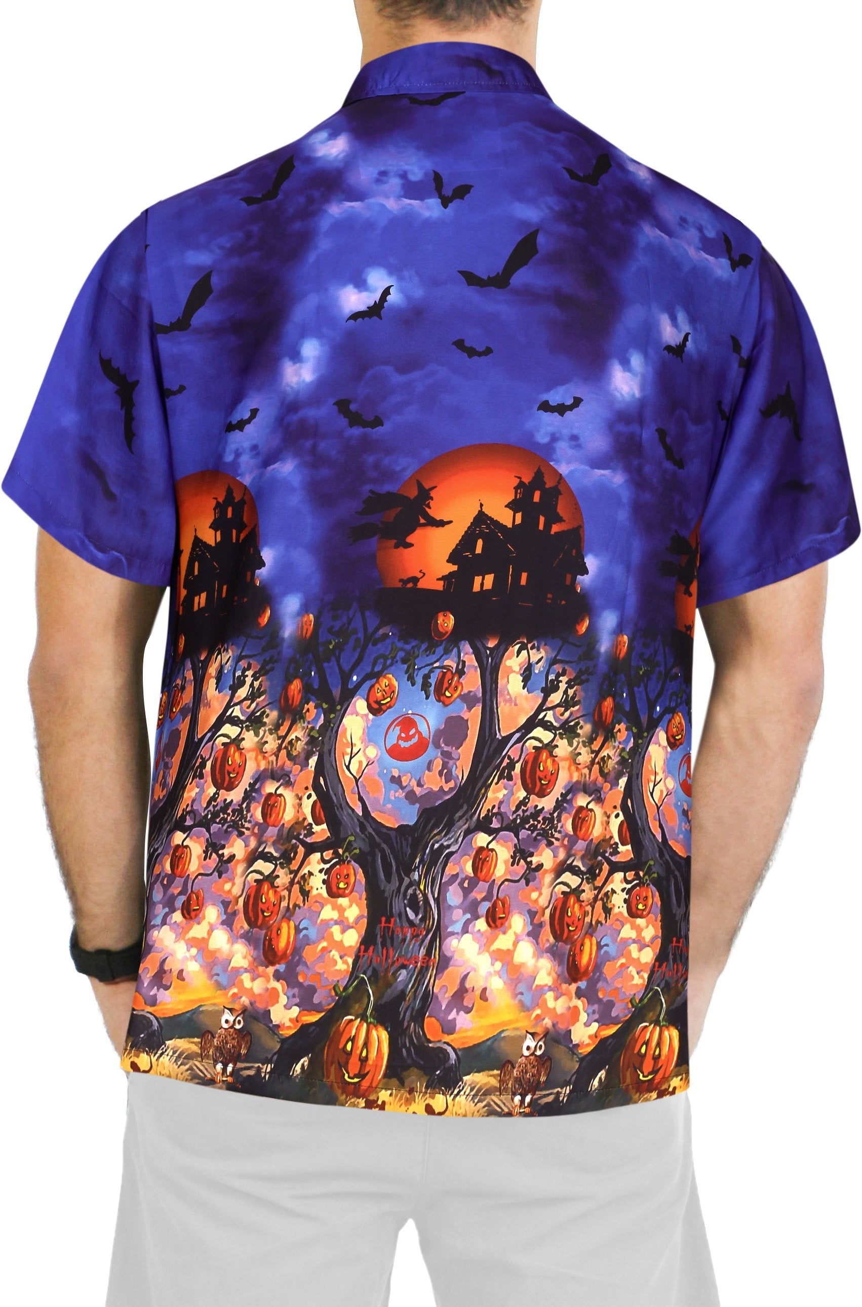 LA LEELA Men's Camp Hawaiian Scary Halloween Party Costume Pumpkin Witch Shirt Royal Blue_AA238