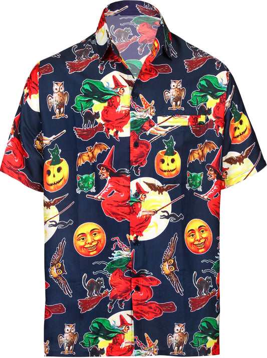 LA LEELA Men's Camp Hawaiian Scary Halloween Party Costume Pumpkin Witch Shirt Royal Navy Blue_AA242