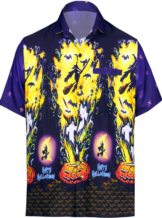 LA LEELA Men's Camp Hawaiian Scary Halloween Party Costume Pumpkin Witch Shirt Royal Navy Blue_AA243