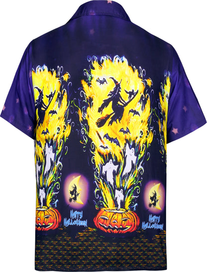 LA LEELA Men's Camp Hawaiian Scary Halloween Party Costume Pumpkin Witch Shirt Royal Navy Blue_AA243