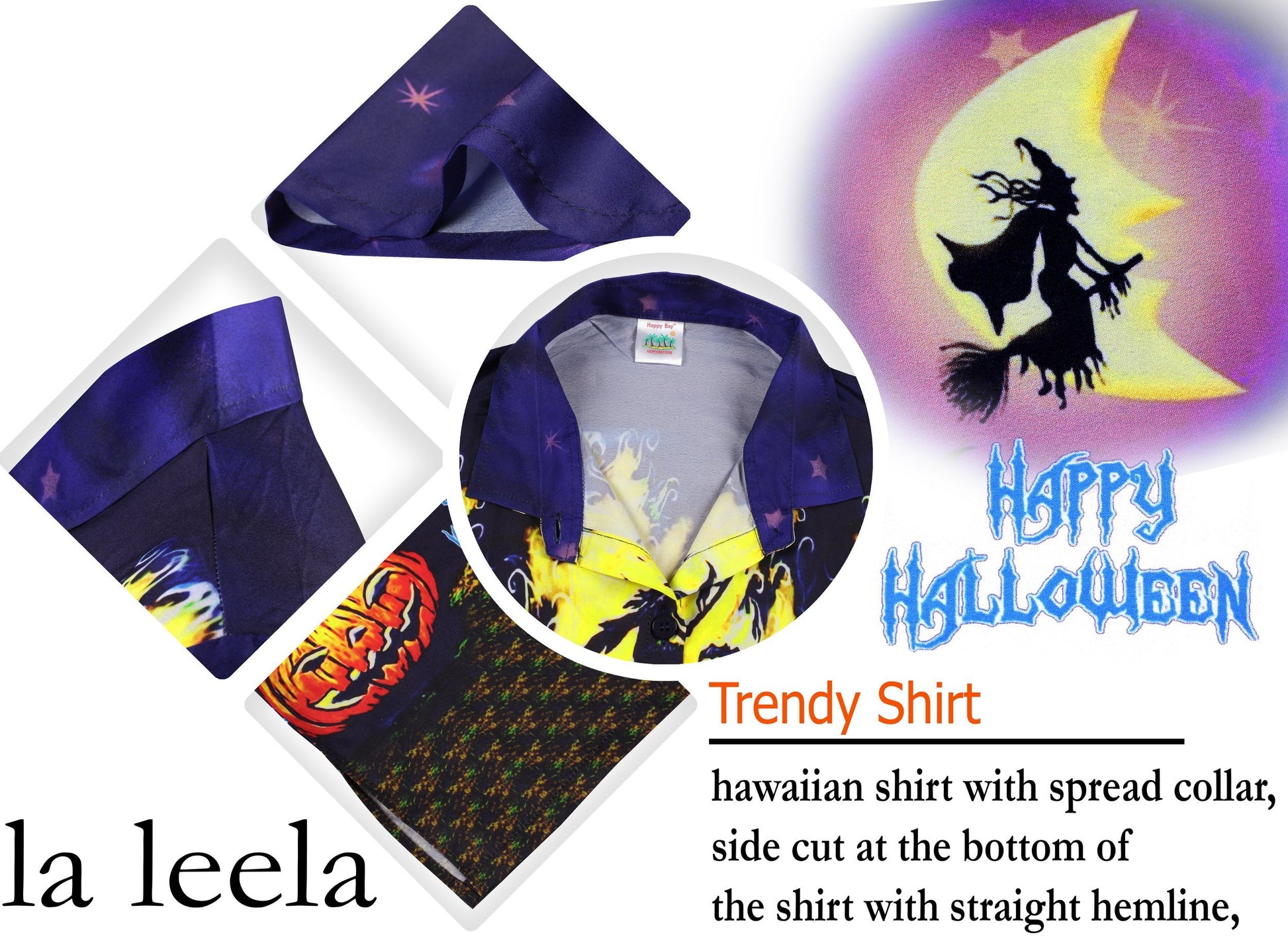 LA LEELA Men's Camp Hawaiian Scary Halloween Party Costume Pumpkin Witch Shirt Royal Navy Blue_AA243