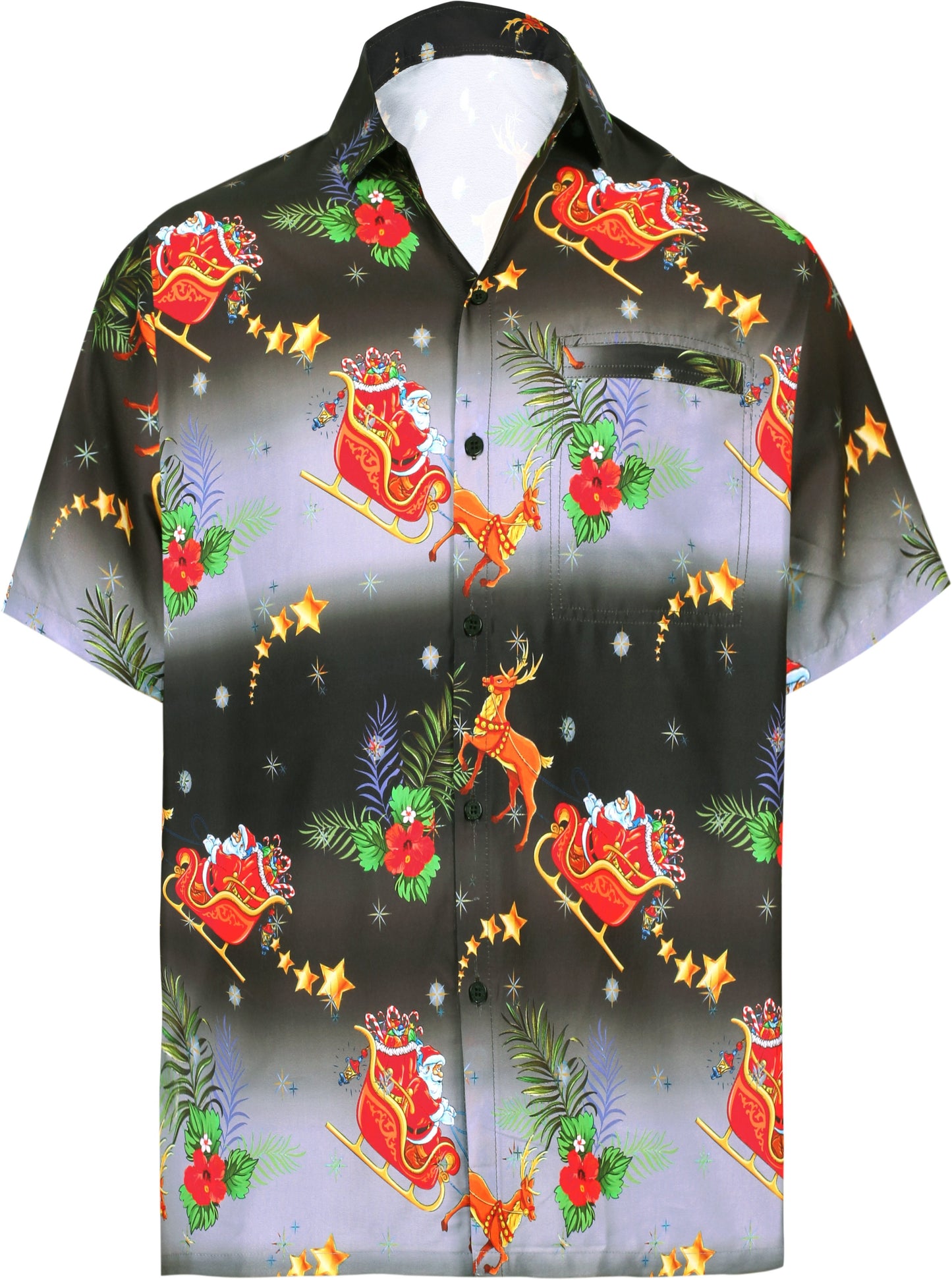 HAPPY BAY Men's 3D HD Santa Claus Christmas Button Up Short Sleeve Hawaiian Shirt Black_AA323