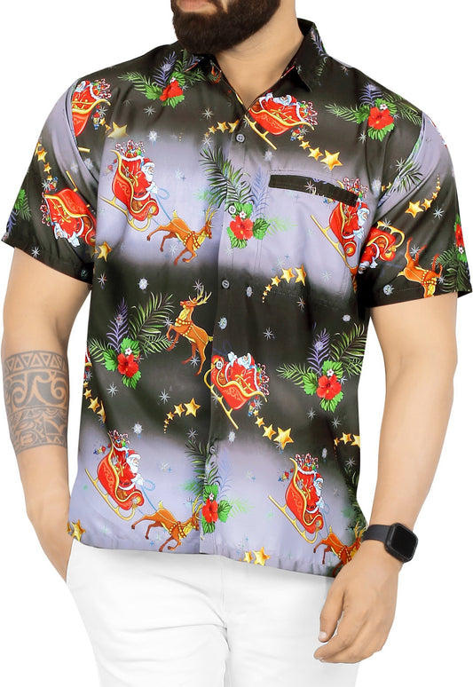 HAPPY BAY Men's 3D HD Santa Claus Christmas Button Up Short Sleeve Hawaiian Shirt Black_AA323