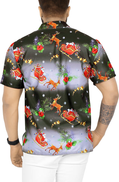 HAPPY BAY Men's 3D HD Santa Claus Christmas Button Up Short Sleeve Hawaiian Shirt Black_AA323