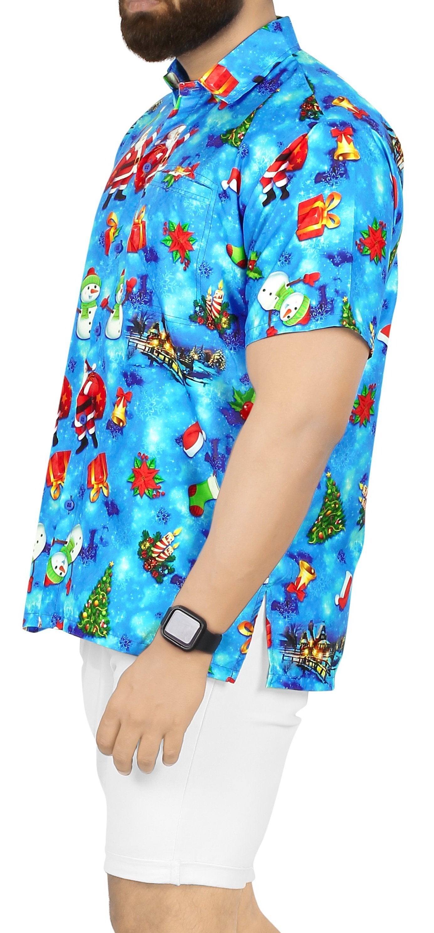 LA LEELA Mens Funky Hawaiian Christmas Santa Claus Casual Shirts Blue_AA333