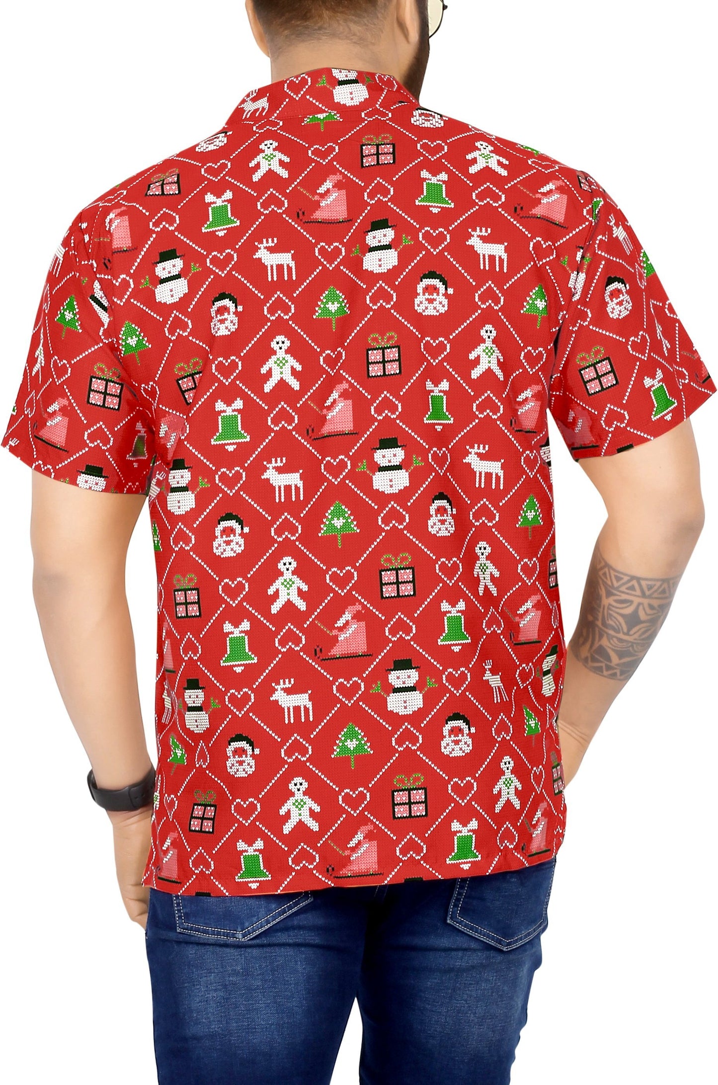 LA LEELA Men's Christmas Funky Hawaiian Casual Short Sleeve Shirt Red_AA340