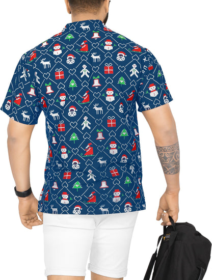 LA LEELA Hawaiian Shirt Mens Christmas Santa Claus Party Aloha Holiday Beach Xmas Blue_AA342