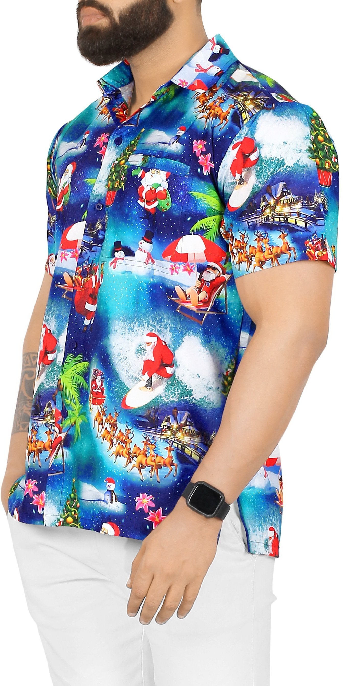 LA LEELA Santa Claus Christmas Men's Relaxed Beach Button Down Short Sleeve Hawaiian Shirt 3D Printed