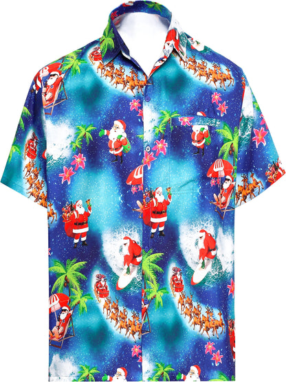 LA LEELA Santa Claus Christmas Men's Relaxed Beach Button Down Short Sleeve Hawaiian Shirt 3D Printed