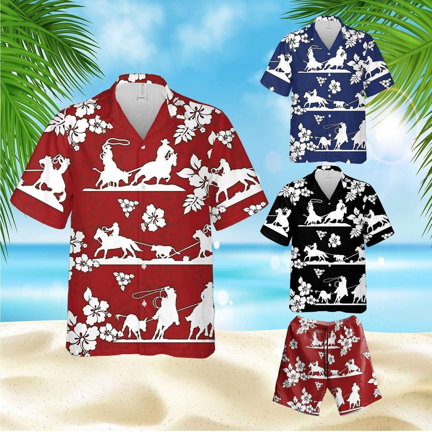 Colorful Team Roping Hibiscus Summer Unisex Hawaiian Shirts - Beach Shorts