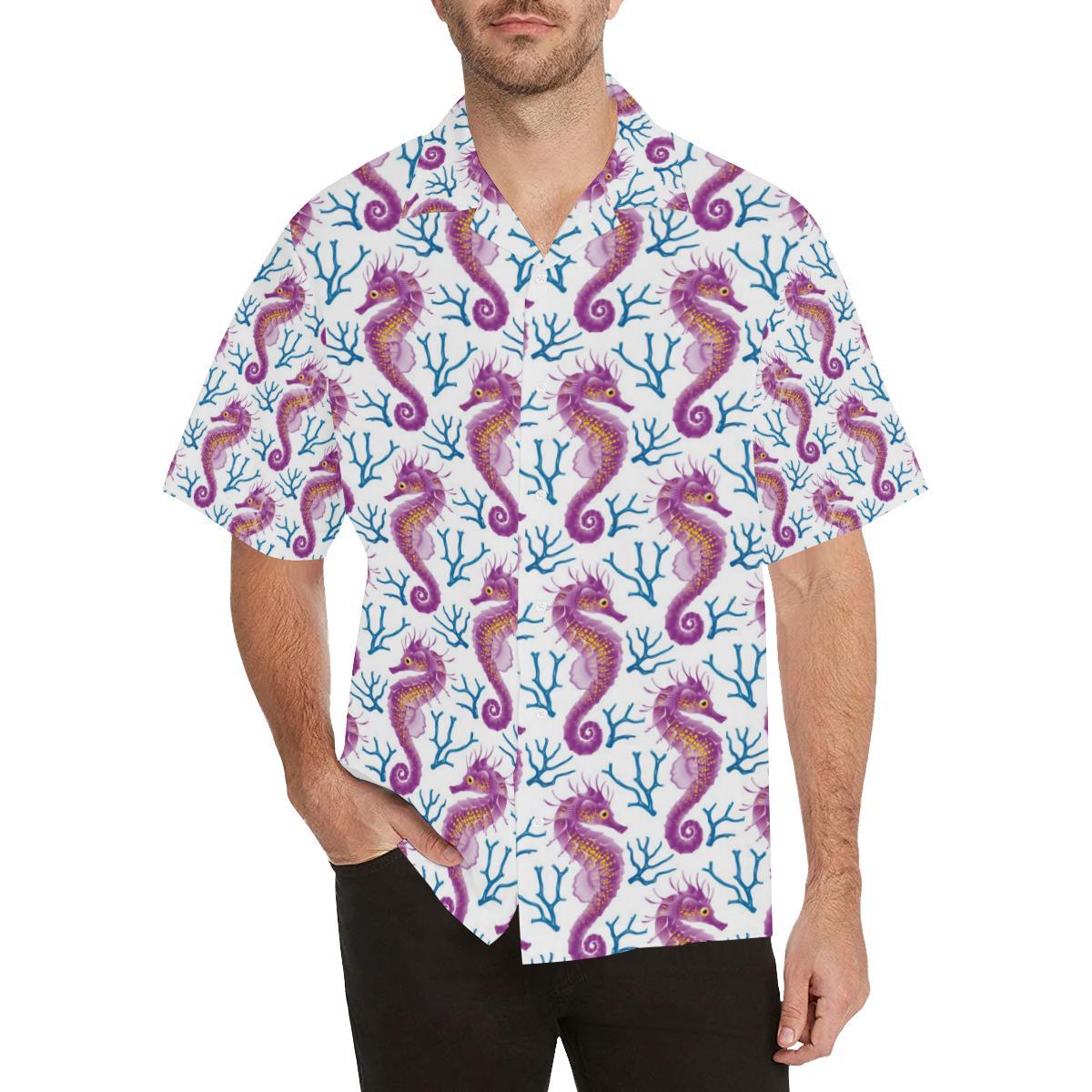 Purple Seahorse Blue Coral Pattern Mens All Over Print Hawaiian Shirt