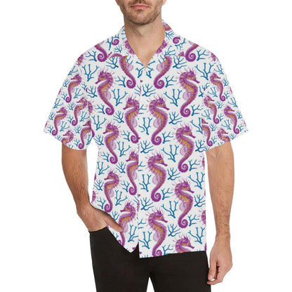 Purple Seahorse Blue Coral Pattern Mens All Over Print Hawaiian Shirt