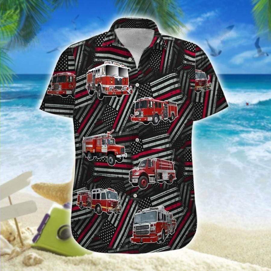 Hawaiian Aloha Shirts Fire Truck Firefighter Flag Pattern