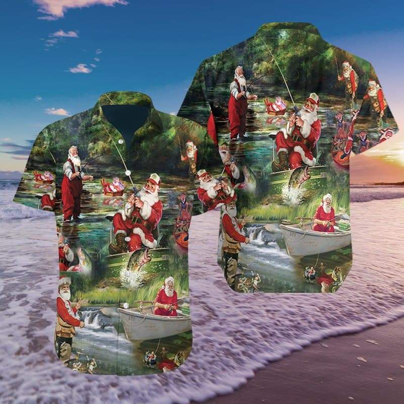 Funny Santa Claus Fishing Hawaiian Aloha Shirts #1910L