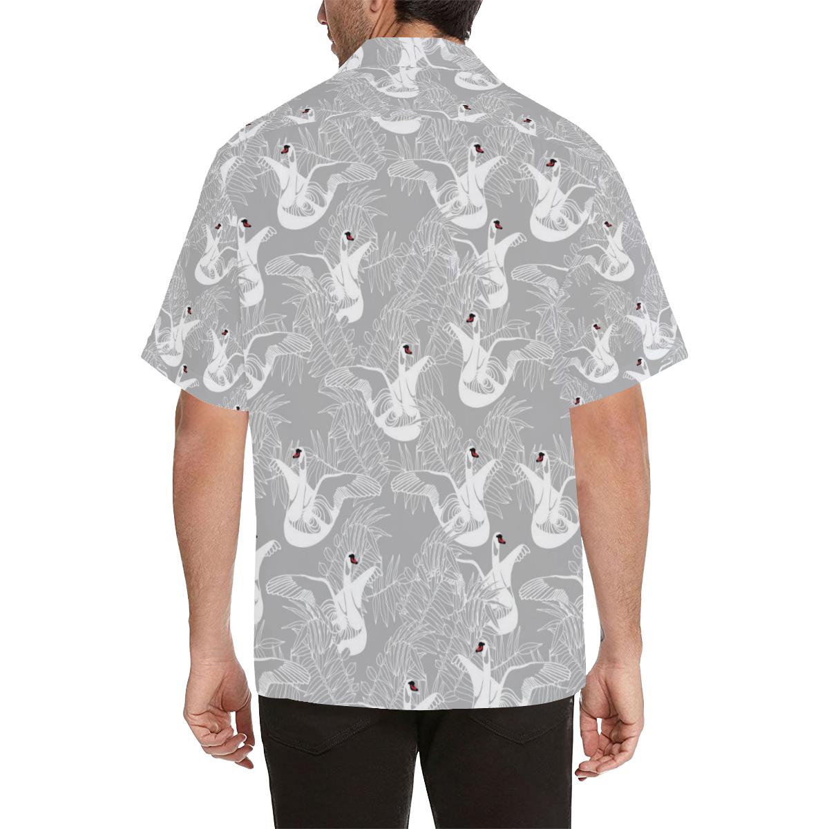 White Swan Gray Background Mens All Over Print Hawaiian Shirt