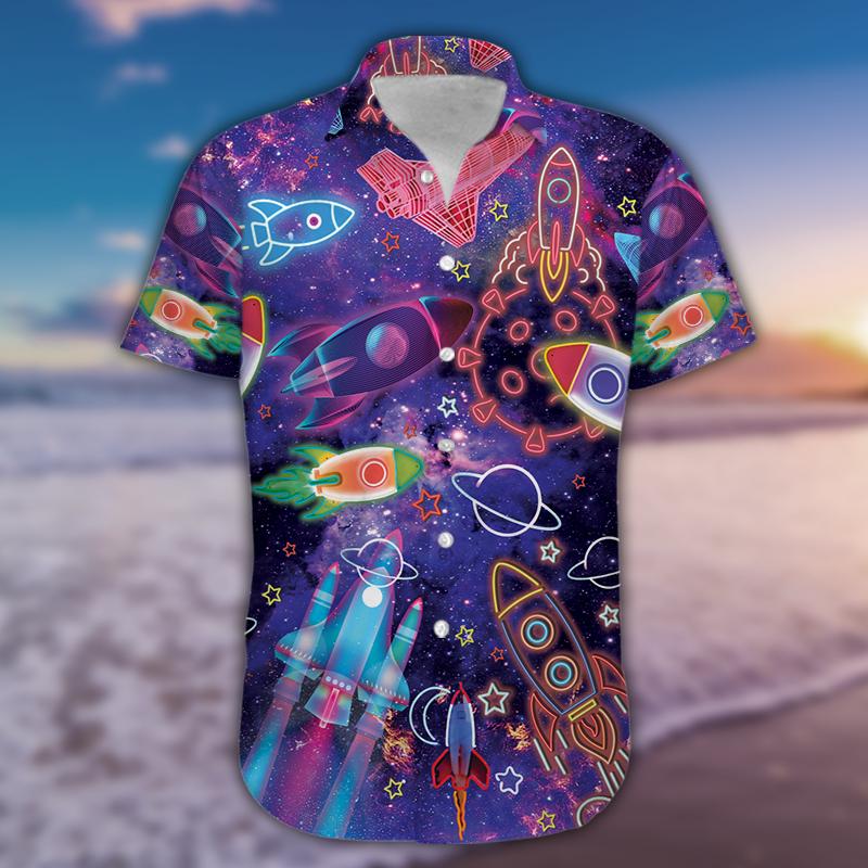 Amazing Neon Colorful Light Rocket In Outer Space Unisex Hawaiian Aloha Shirts 