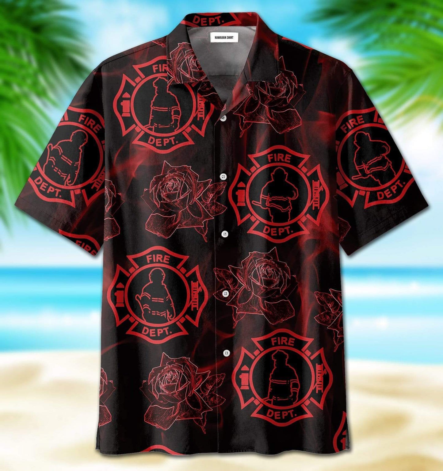 Hawaiian Aloha Shirts Firefighter Red Rose