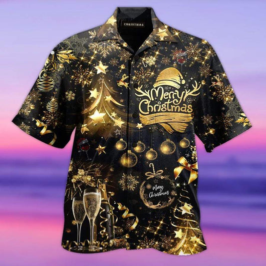 Merry Christmas Bling Black Hawaiian Aloha Shirts