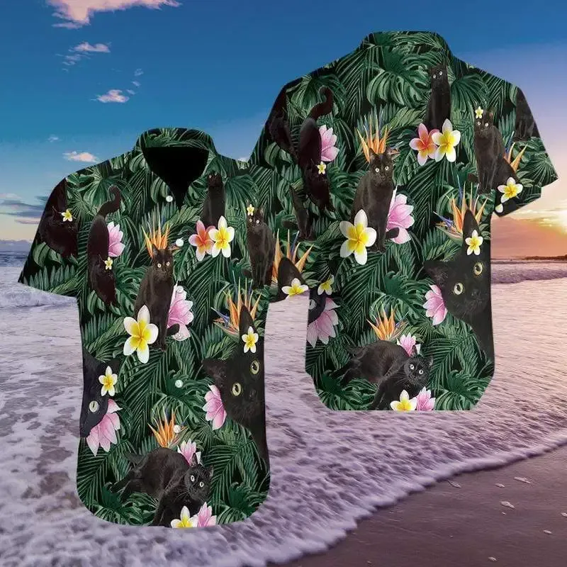 So Cute Black Cat Tropical Colorful Hawaiian Shirt | For Men &amp;amp; Women | Adult | Hw8298