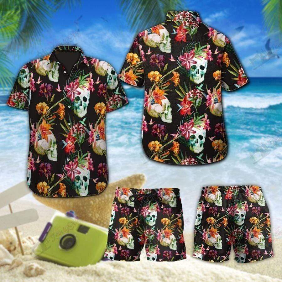 Tropical Skull Colorful Hawaiian Shirts Swim Trunks Beach Shorts #Vi