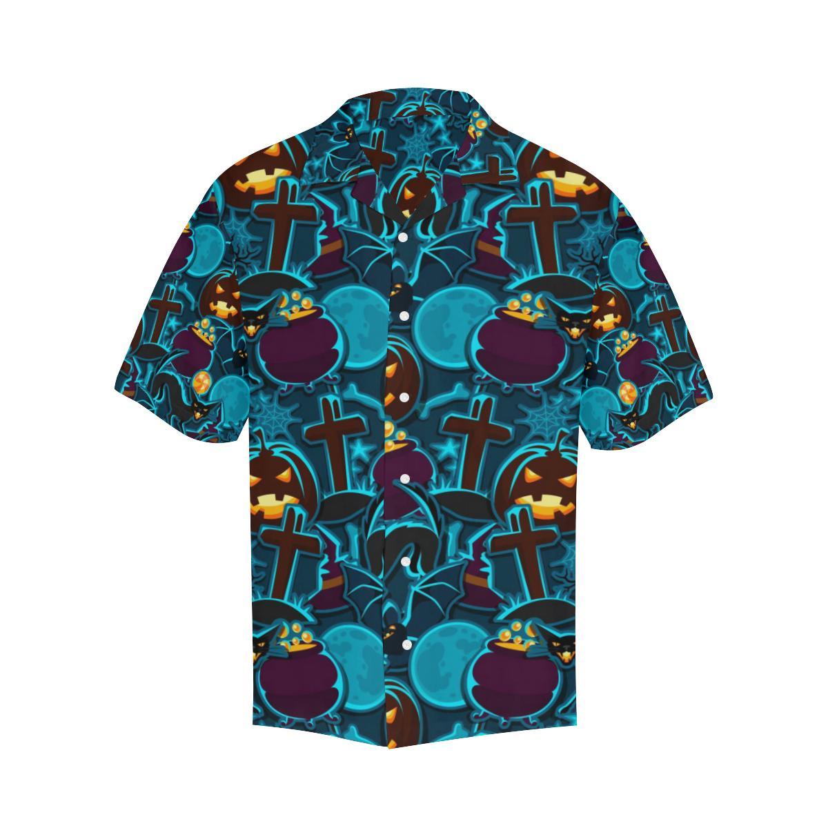 Halloween Pumpkin Cat Pattern Mens All Over Print Hawaiian Shirt