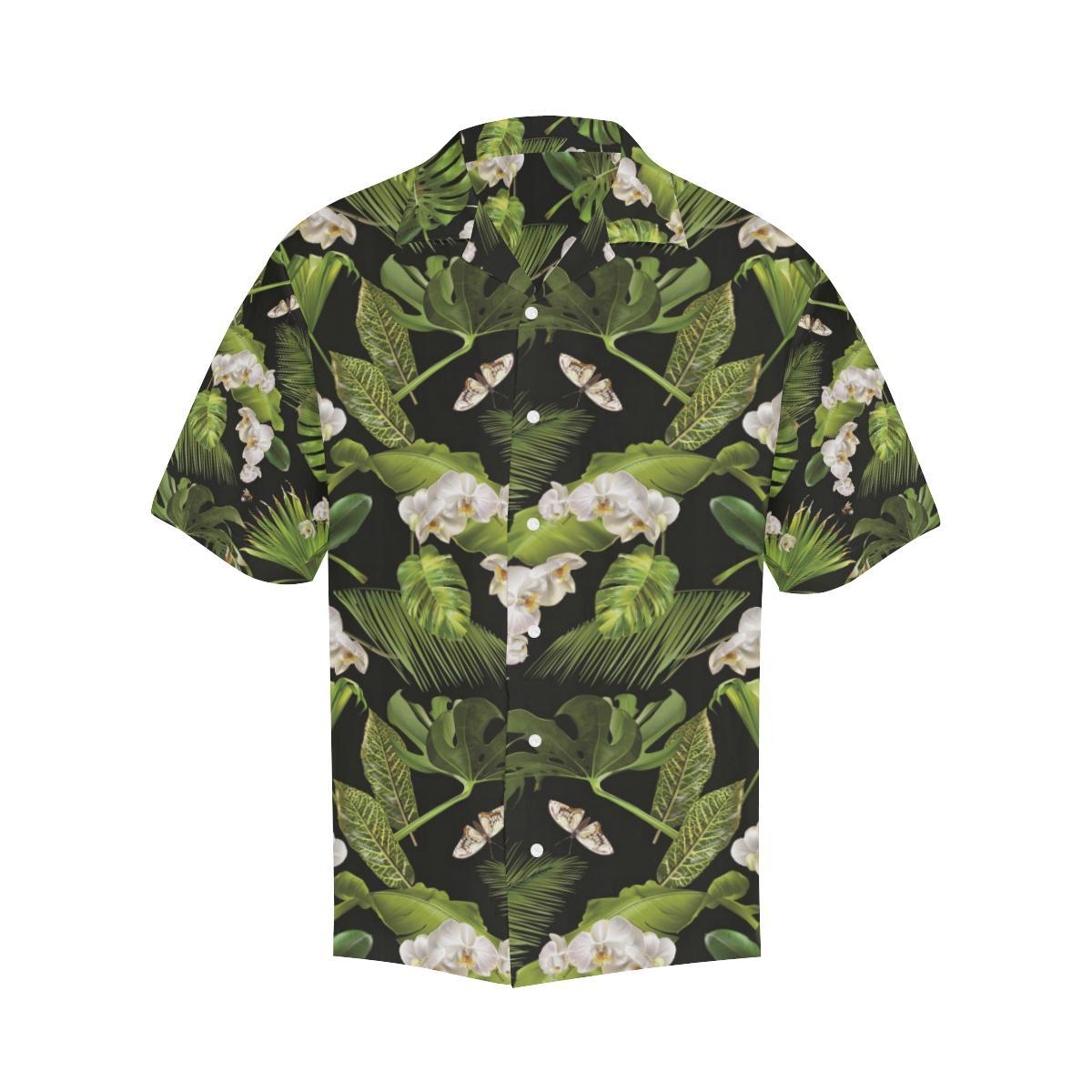 White Orchid Flower Tropical Leaves Pattern Blackg Mens All Over Print Hawaiian Shirt