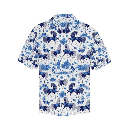 Horse Flower Blue Theme Pattern Mens All Over Print Hawaiian Shirt