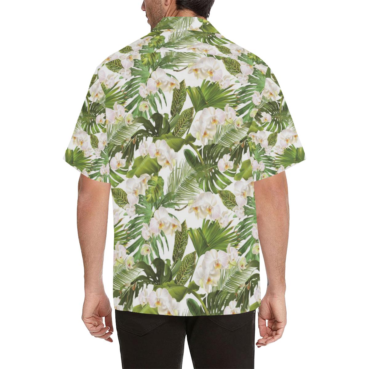 White Orchid Flower Tropical Leaves Pattern Mens All Over Print Hawaiian Shirt