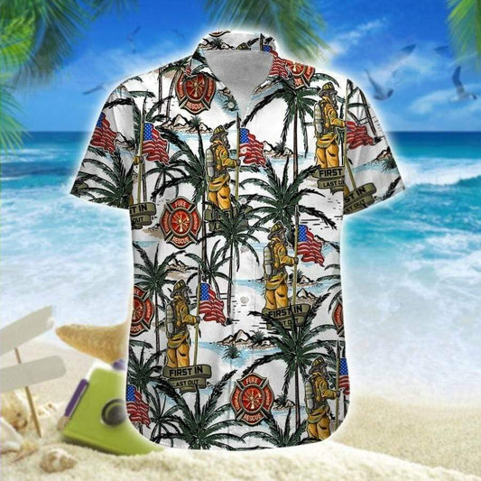 Hawaiian Aloha Shirts Firefighter Man Palm Tree