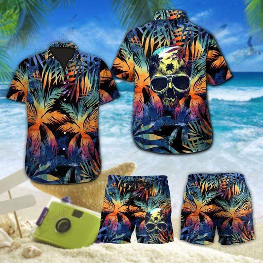 Tropical Skull Colorful Summer Hawaiian Shirts Swim Trunks Beach Shorts #Vi