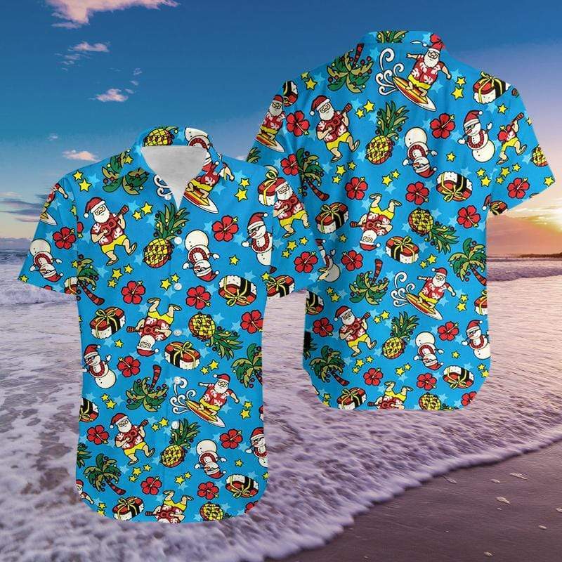 Blue Santa Claus Playing Guitar Pineapple Hawaiian Shirts #2111l