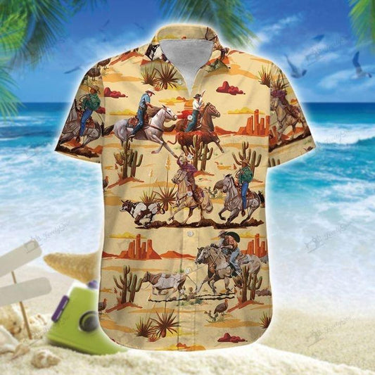 Amazing Team Roping Cowboy Brown Desert Unisex Hawaiian Shirts - Beach Shorts