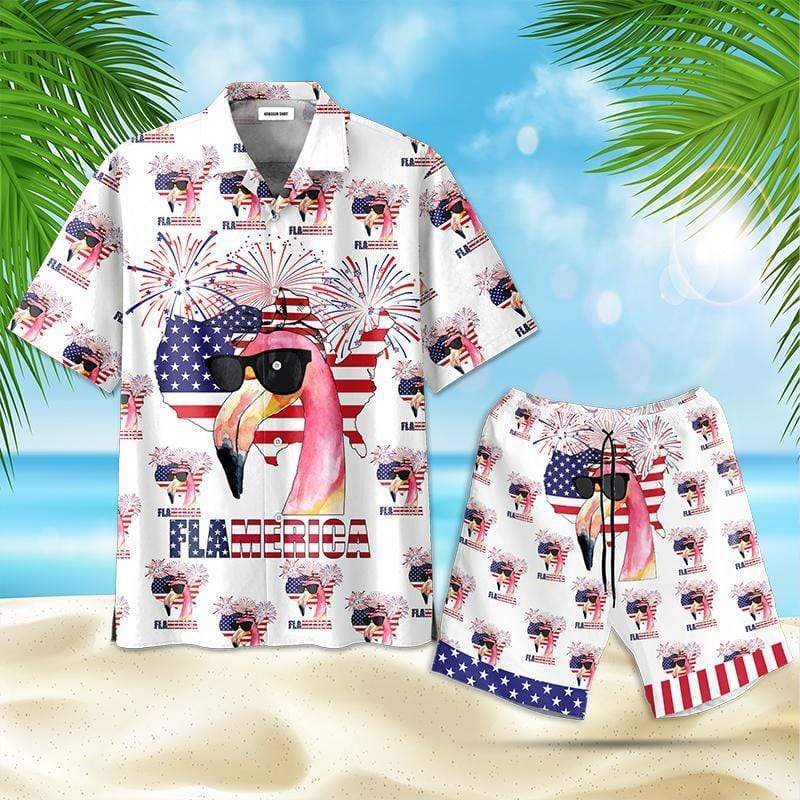 Flamingo Flamerica For 4Th July Hawaiian Aloha Shirts Or Beach Shorts 