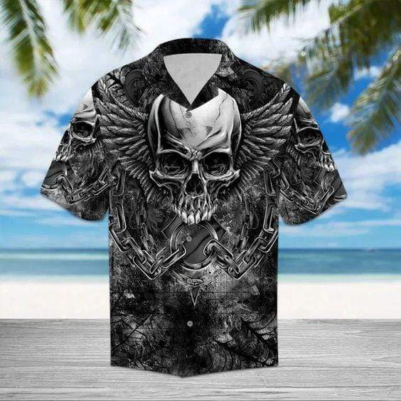 Hawaiian Aloha Shirts Black Skull Wings