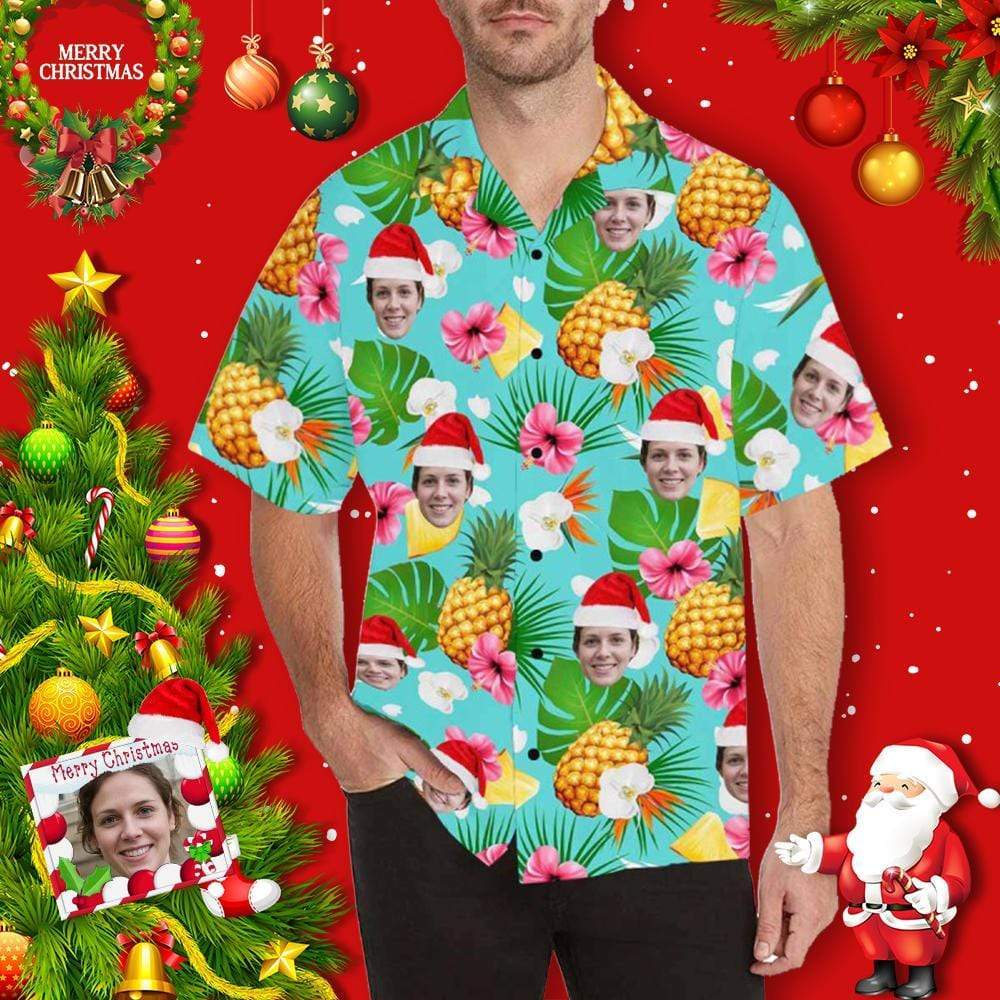 Custom Face Merry Christmas Pineapple Blue Unisex Hawaiian Shirts