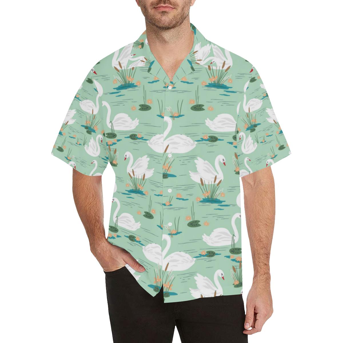 White Swan Lake Pattern Mens All Over Print Hawaiian Shirt