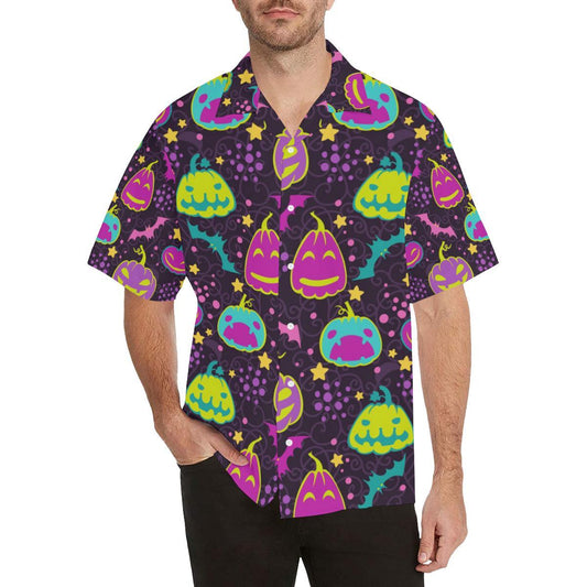 Halloween Pumpkin Bat Pattern Mens All Over Print Hawaiian Shirt