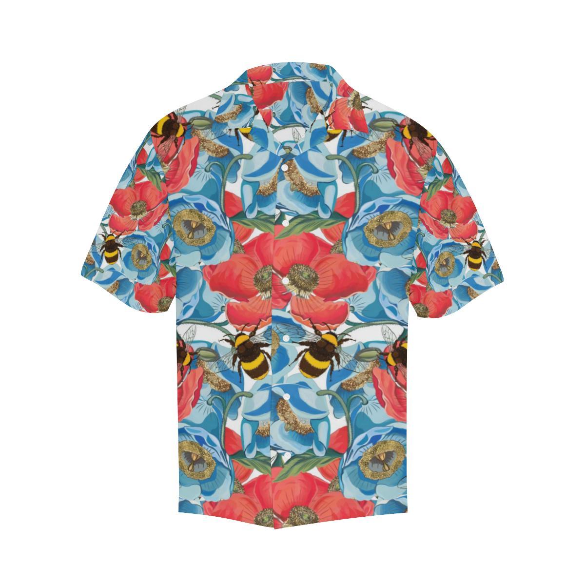Bee Red And Blue Hibiscus Pattern Mens All Over Print Hawaiian Shirt