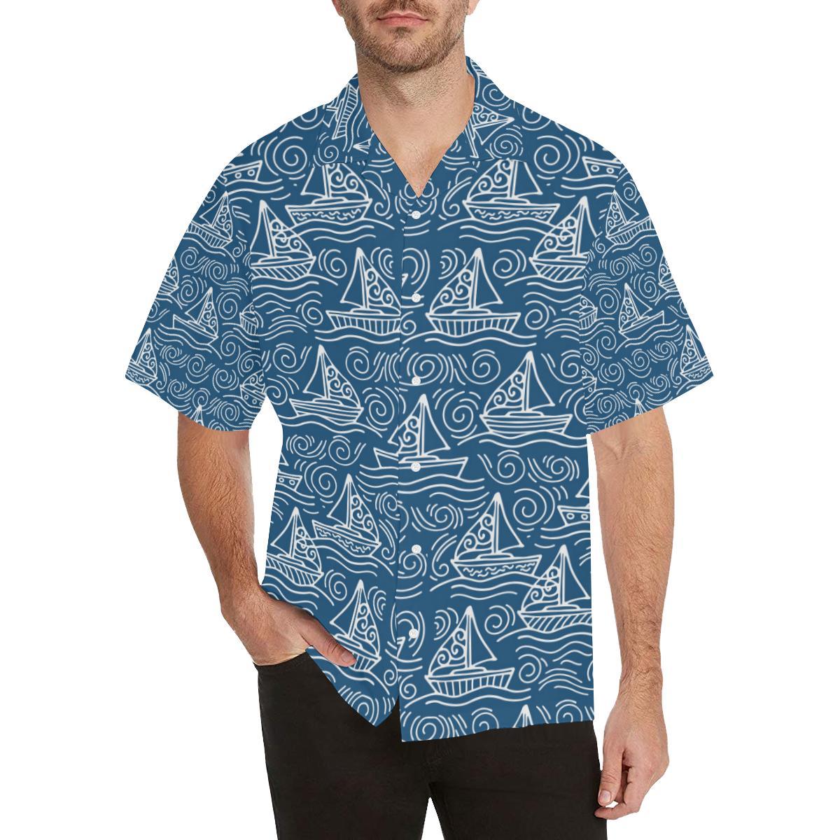 Hand Drawn Sailboat Pattern Mens All Over Print Hawaiian Shirt