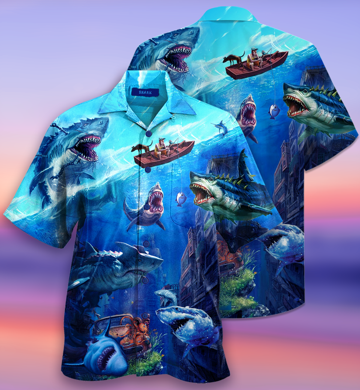 Fishing Shark With Small Ship Hawaiian Shirt