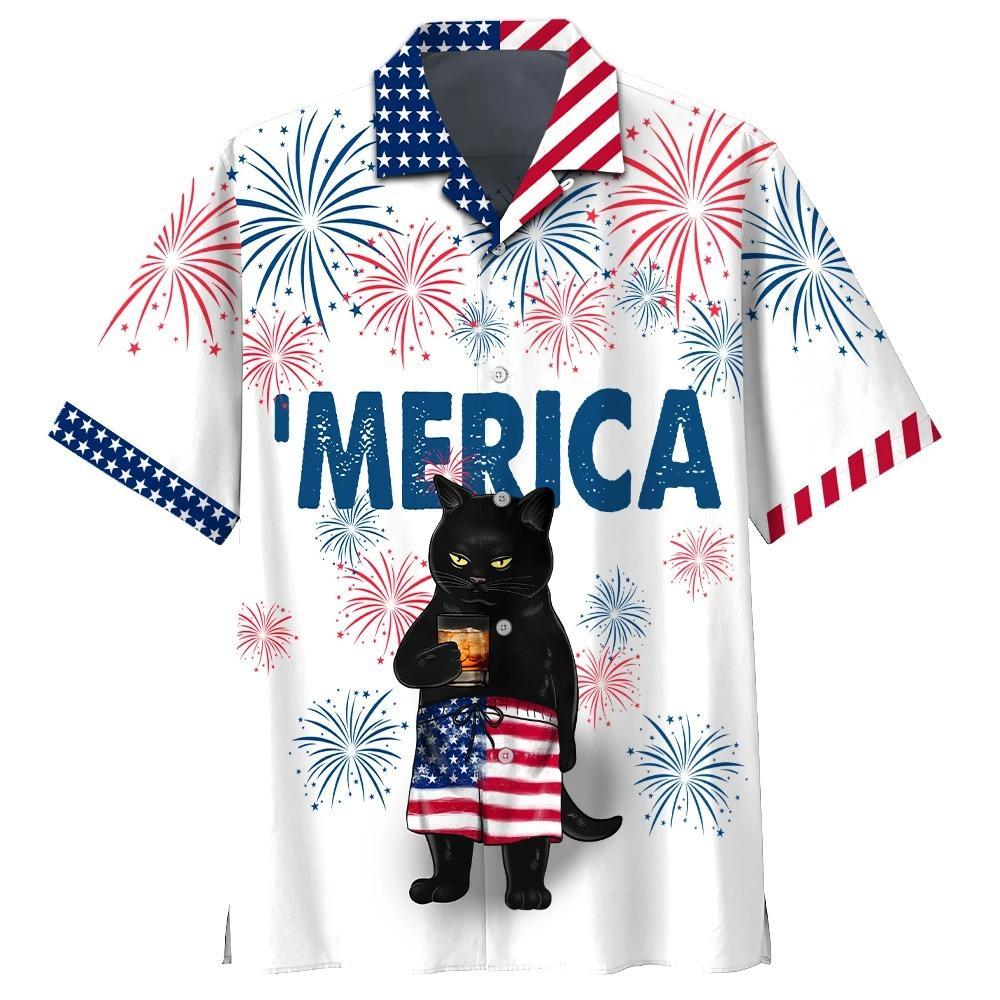 American Black Cat Drink Bourbon Hawaiian Shirt | For Men & Women | Adult | HW7119